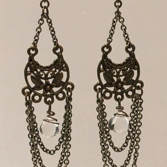 Clear Quartz and Brass Dangle/Chandelier Earrings - Picture 2 of 6